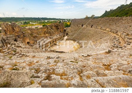 Ruins of ancient Lycian city Perge. Amphitheater still standing Ruins of ancient Lycian city Perge. Amphitheater still standing 118861597