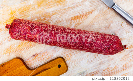 Top view of the Spanish smoked Salchichon sausage 118862012