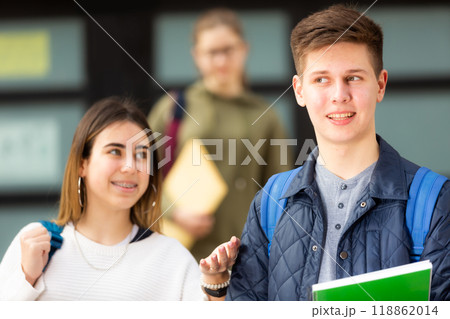 Carefree teen students boy and girl friendly talking 118862014