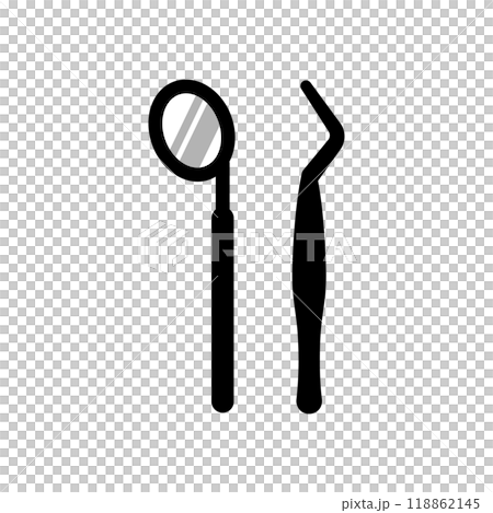 Tweezers and oral mirror Dental care icon Line illustration 118862145