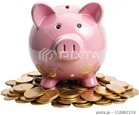 pink piggy bank with coins on transparent background,PNG 118862219