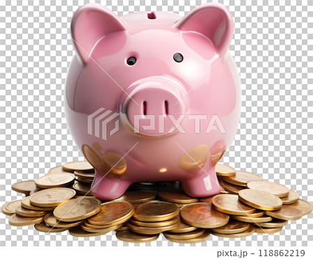 pink piggy bank with coins on transparent background,PNG 118862219