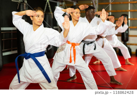 Group lesson in karate or taekwondo in gym. Practicing blows 118862428