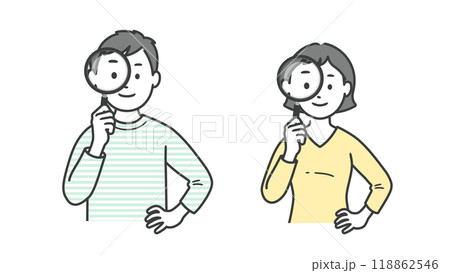虫眼鏡を持つ成人男女の上半身イラスト 118862546