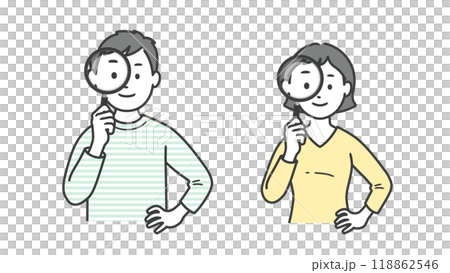 Upper body illustration of an adult man and woman holding a magnifying glass 118862546