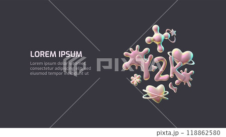 A horizontal vector poster with unusual 3D shapes with iridescent iridescence on a black background 118862580
