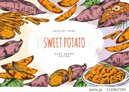 Sweet potato. Batata. Yam. Healthy food. Horizontal banner. 118862590