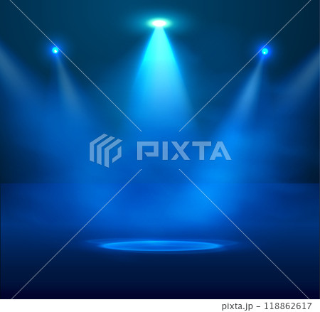 A vector illustration of smoke spotlights illuminating the center of the stage. A vector illustration of smoke spotlights illuminating the center of the stage. 118862617