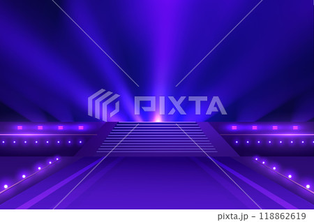 Illustration of spotlights shining from the bottom up, covering a staircase with a podium. 118862619