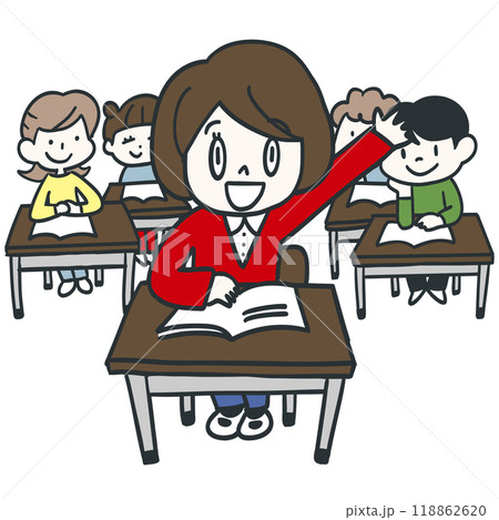 教室で元気に挙手するクラスメイトの友達 118862620