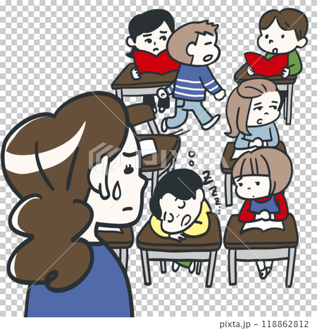 一個班級正在分崩離析的小學生的教室 118862812