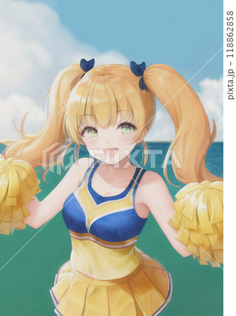 ツインテールのチアガールラノベ系イラストタッチ人物と海辺の背景 118862858
