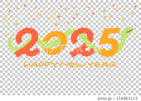 2025 New Year's card with a snake passing through the numbers of the Gregorian calendar, confetti, hand-drawn 2025 New Year's card with a snake passing through the numbers of the Gregorian calendar, confetti, hand-drawn 118863113