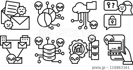 システムモデル内の潜在的な脅威を表すアイコンセット。 システムモデル内の潜在的な脅威を表すアイコンセット。 118863161