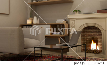 A close-up of a laptop placed on a modern coffee table in a cozy, vintage-contemporary living room. A close-up of a laptop placed on a modern coffee table in a cozy, vintage-contemporary living room. 118863251