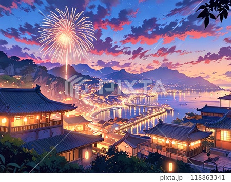 花火が上がる伝統的な台湾の街並み-3 118863341