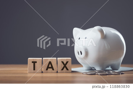 TAX is written on a wooden block beside a white piggy bank, a bank book, and a pile of coins on a wooden table against a dark gray background. Financial planning, savings, and wise money management. TAX is written on a wooden block beside a white piggy bank, a bank book, and a pile of coins on a wooden table against a dark gray background. Financial planning, savings, and wise money management. 118863830