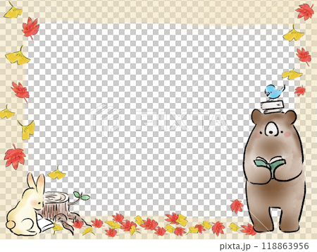 かわいいうさぎとクマの秋の落ち葉フレーム かわいいうさぎとクマの秋の落ち葉フレーム 118863956