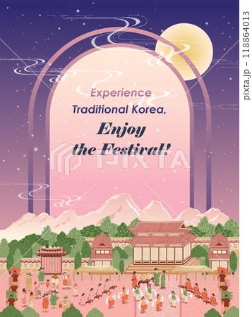 Modern Vector Illustration Template of Korean Traditional Folk Paintings Depicting Historical Events 118864013