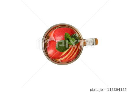 PNG, Apple cider with mint and slices of apple in glass cup, isolated on white background, top view PNG, Apple cider with mint and slices of apple in glass cup, isolated on white background, top view 118864185