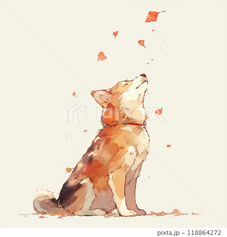 秋の落ち葉と犬 118864272