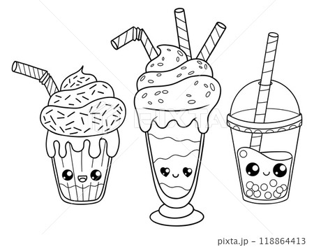 Outline glass milk shake with cream dessert, candies and bubble tea with straw set. Isolated funny cartoon kawaii character drink. Line drawing, coloring book. Vector illustration. Kids collection 118864413