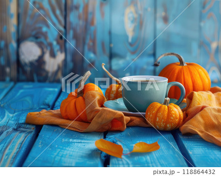 Blue coffee cup with hot drink on turquoise wooden table surrounded by small pumpkins, dried leaves, blue fabric in warm autumn light. Cozy fall morning with seasonal decorations. Ai generation 118864432