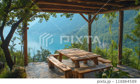 Scenic outdoor dining area with mountain view. Scenic outdoor dining area with mountain view. 118864589