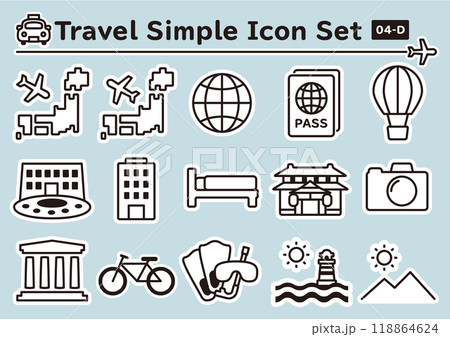 旅行のシンプルでかわいいステッカー風アイコンセット　04-D 118864624