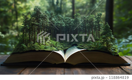 Book surrounded by lush green trees.	 118864819