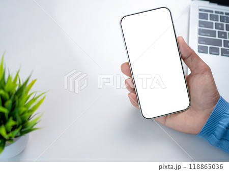 Mockup image screen smartphone, Cell phone with blank space for text, Hand woman work using smartphone, White background for advertising, Marketing, Design, Design creative work space. 118865036