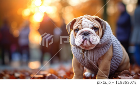 Cute bulldog in a warm jacket. Cute bulldog in a warm jacket. 118865078