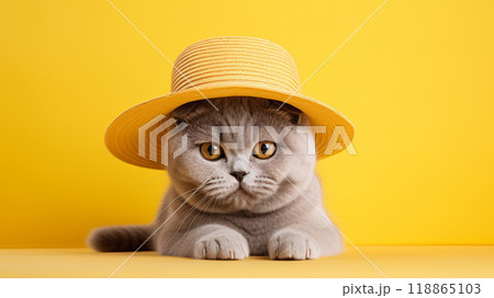 Small kitten in a straw hat on a yellow background. Small kitten in a straw hat on a yellow background. 118865103