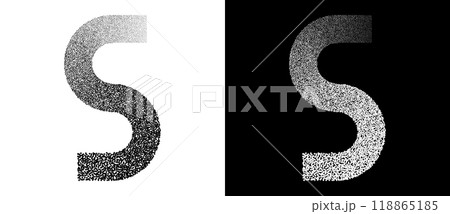 Dotted letter S as logo or icon. Retro effect with dots abstract illustration. Black shape on a white background and the same white shape on the black side. 118865185