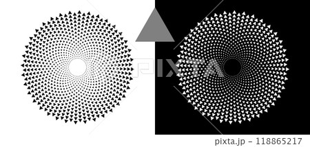Modern abstract background with halftone triangles in circle form. Round logo. Black shape on a white background and the same white shape on the black side. Modern abstract background with halftone triangles in circle form. Round logo. Black shape on a white background and the same white shape on the black side. 118865217