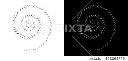Circle abstract background with dynamic halftone dots in spiral. Black shape on a white background and the same white shape on the black side. 118865226