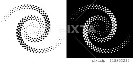 Abstract dotted vector background with halftone effect. Spiral dotted as icon or logo. Yin and yang style. Black shape on a white background and the same white shape on the black side. 118865233