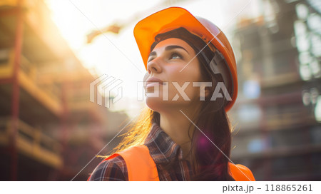 Young woman in an orange helmet. 118865261