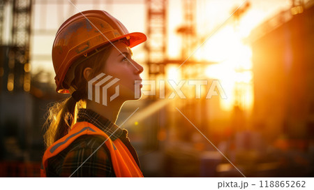 Woman at a construction site. 118865262