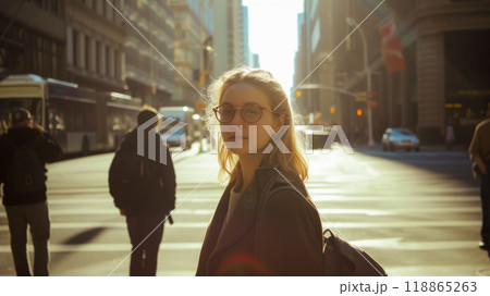 A young woman with glasses on the street of a metropolis. 118865263