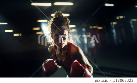 Woman with boxing gloves in the middle of the hall 118865322