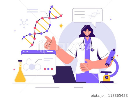 Genetic Science Concept Vector Illustration featuring a DNA Molecule Structure and Science Technology Engineering in Healthcare with a Background 118865428