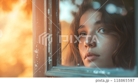 Portrait of a girl looking out the window Portrait of a girl looking out the window 118865597