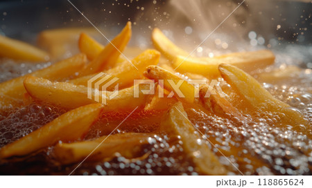 Boiling oil with potatoes. Boiling oil with potatoes. 118865624