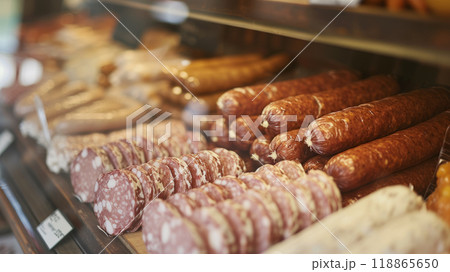 Appetizing counter with sausage 118865650
