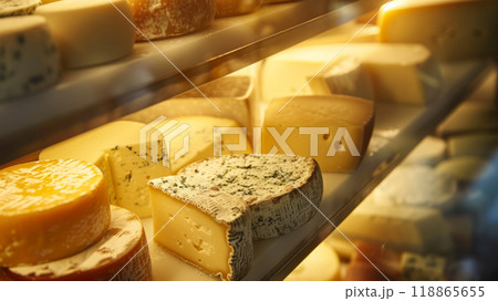 Various cheeses on a shelf in a store 118865655