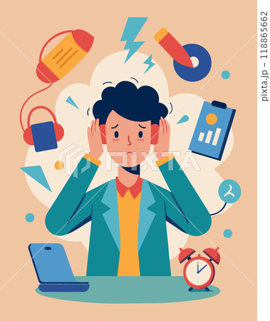 A person avoiding phone calls from debt collectors too overwhelmed to deal with their financial problems.. Vector illustration. 118865662