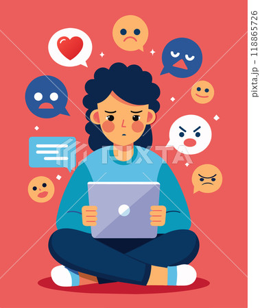 A person scrolls through their social media feeling envious and resentful of their friends who seem to have secure jobs and stable incomes.. Vector illustration. 118865726