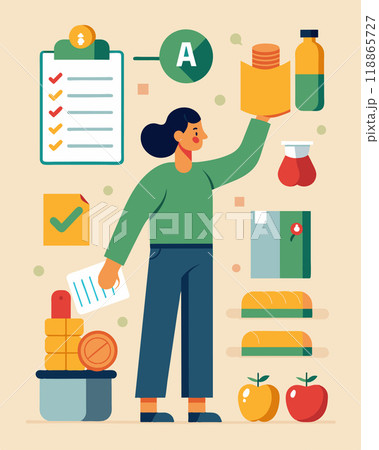 A person labeling their shopping list with numbers and letters with A being the highest priority items like bread and paper and B being lower priority items like beverages and. Vector illustration. 118865727
