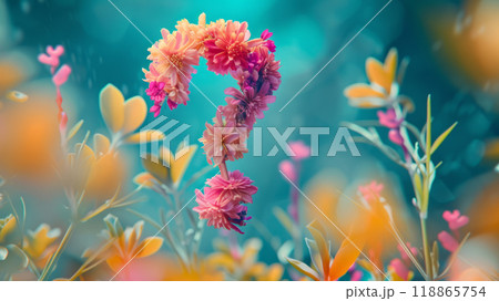 A question mark made of flowers levitates in a clearing A question mark made of flowers levitates in a clearing 118865754